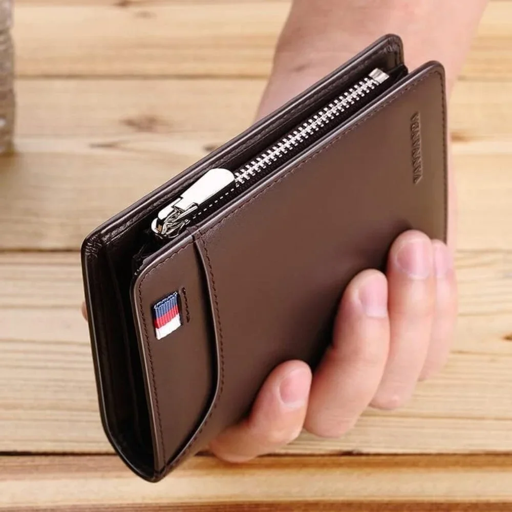 Men's Wallets Card Brown Genuine Leather Slim Front Zipper Coin Pocket Design